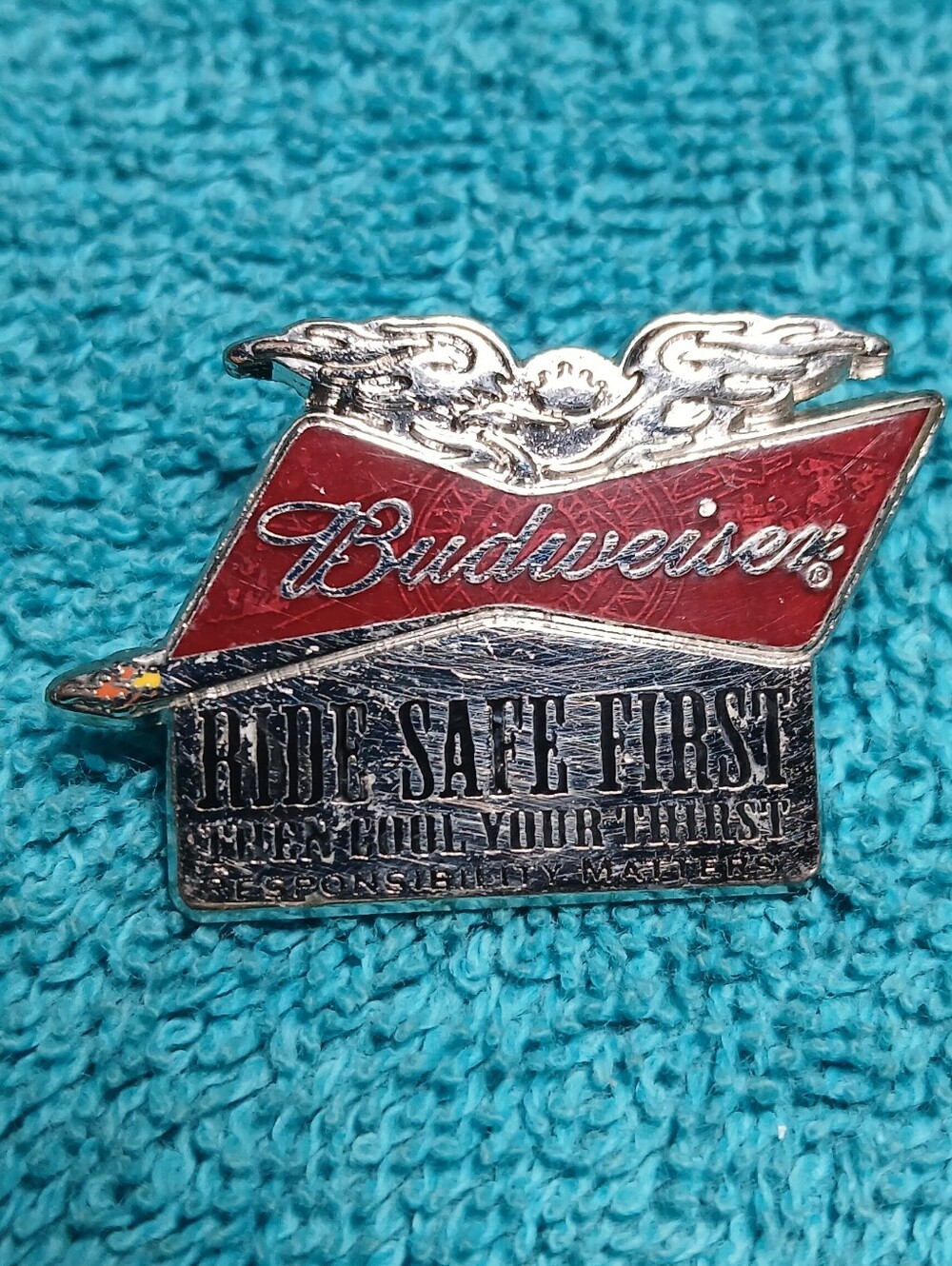 Budweiser Silver and Red 'Ride Safe First' Lapel Pin